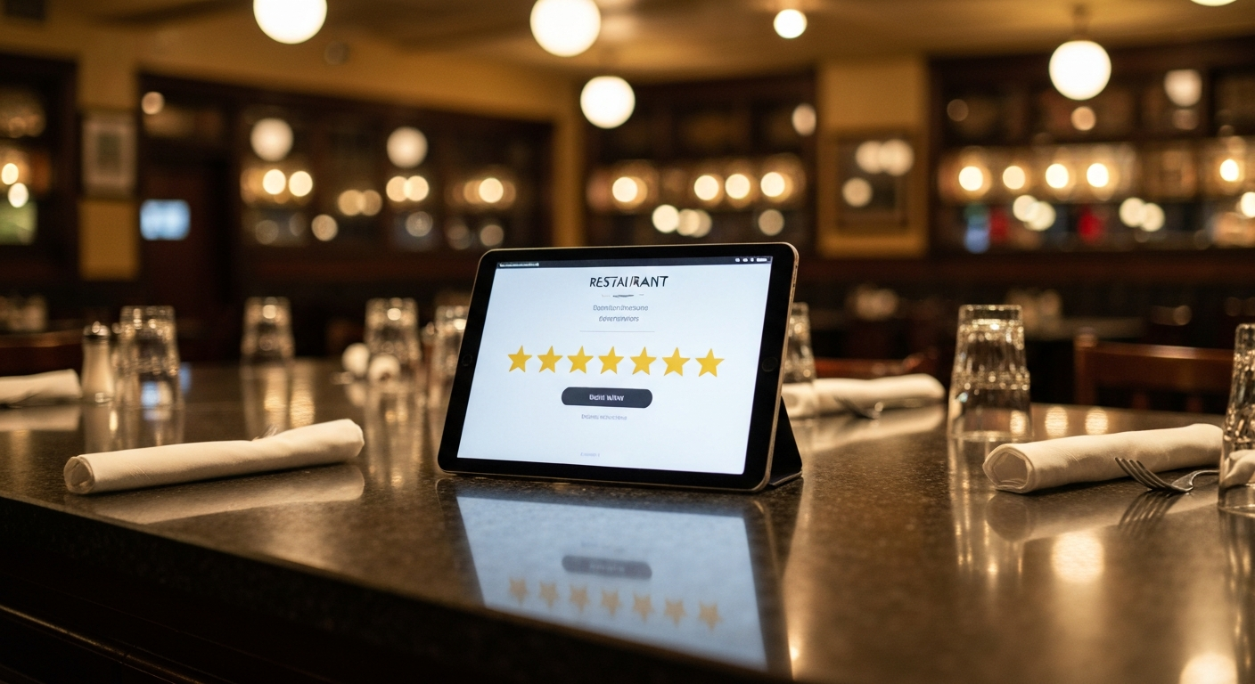 Évaluation cinq étoiles sur tablette pour avis clients restaurant Google Maps