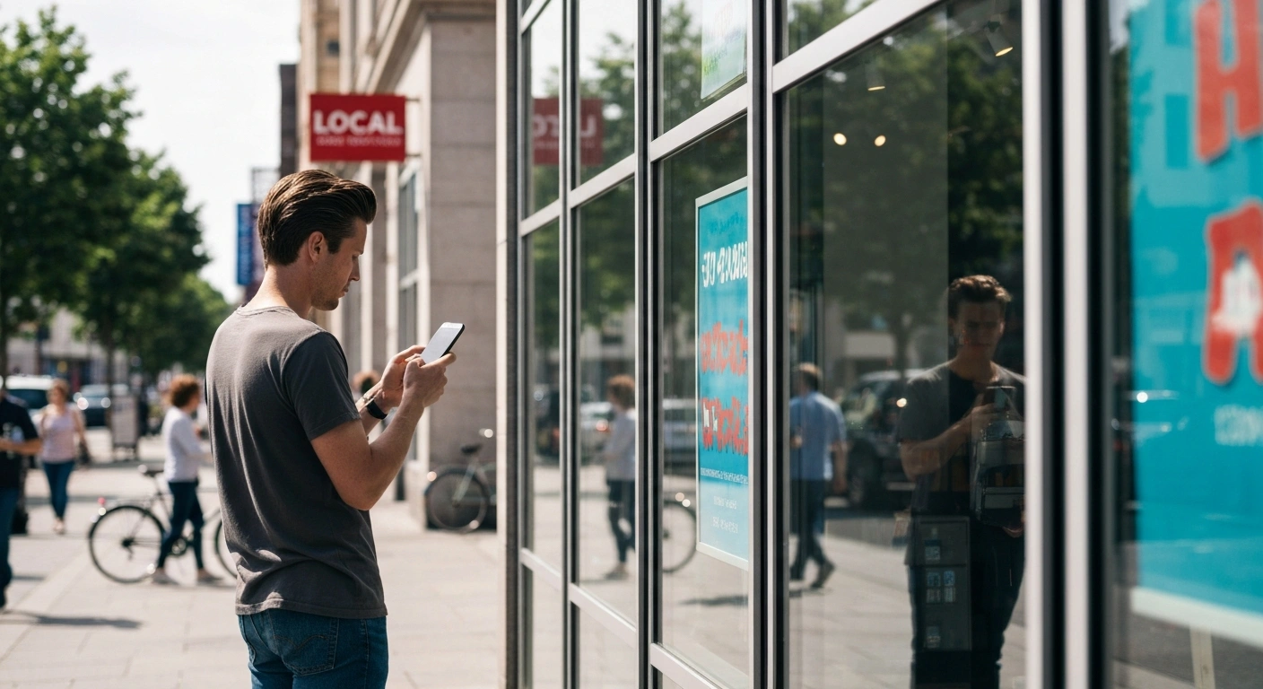 Client utilisant son smartphone pour rechercher des informations sur une entreprise locale avant d'entrer dans le magasin physique